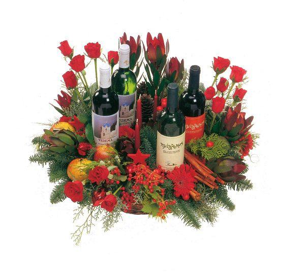 Basket with four drinks Frentzos Flowers-Florist in Athens-Agia Paraskevi-Greece Professional Gift - Inauguration