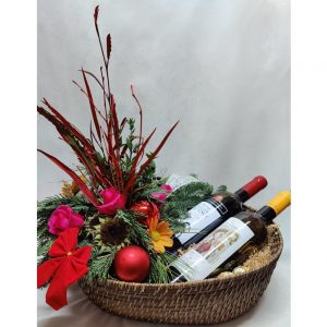 Basket with Flower Arrangement and Two Wines