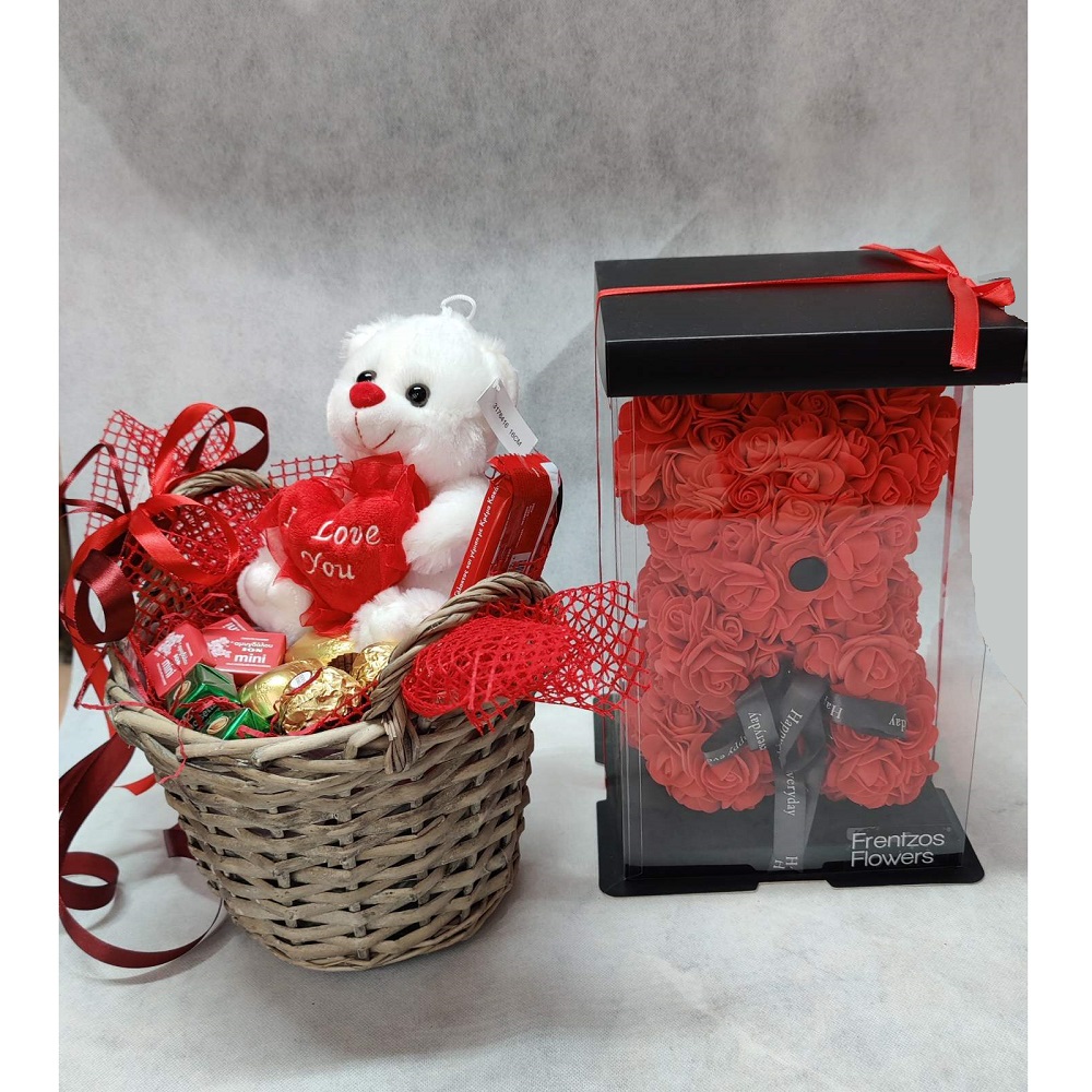 valentines present with rosebear and a basket with chocolate and love teddy bear