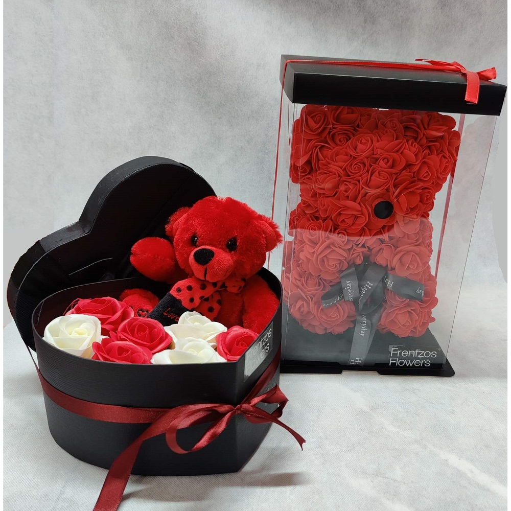 valentines present with rosebear soap roses and red teddy bear
