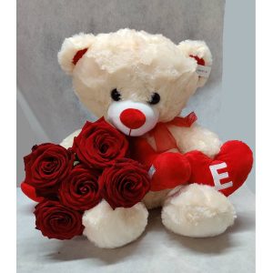 Λούτρινο Αρκούδι LOVE με Φρέσκα Κόκκινα Τριαντάφυλλα
