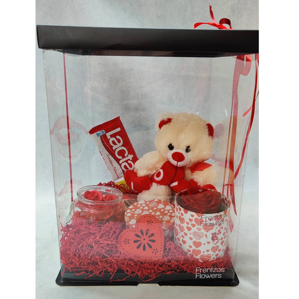 gift box with red forever rose soap roses teddy bear and chocolate