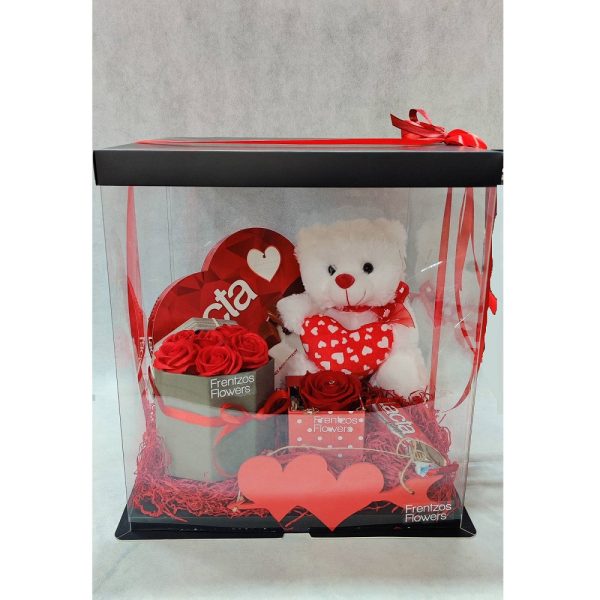 gift box with red forever rose soap roses white teddy bear and chocolate