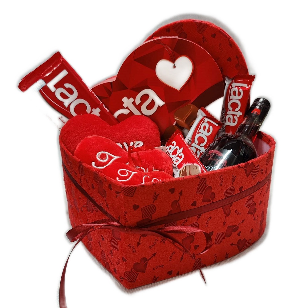 heart box with wine and chocolate