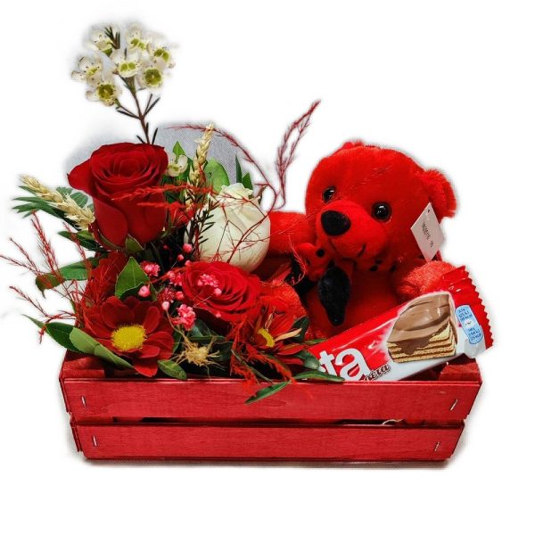 valentines gift with chocolate and teddy bear with roses
