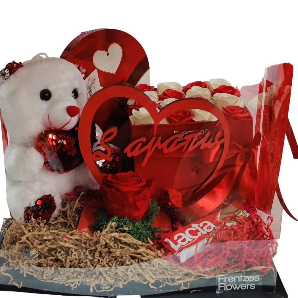 valentines gift with teddy bear chocolate and roses ver 1
